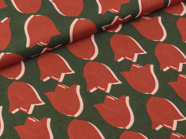 Viskosestoff Retro Tulips rost auf Dunkelgrün by Cherry Picking