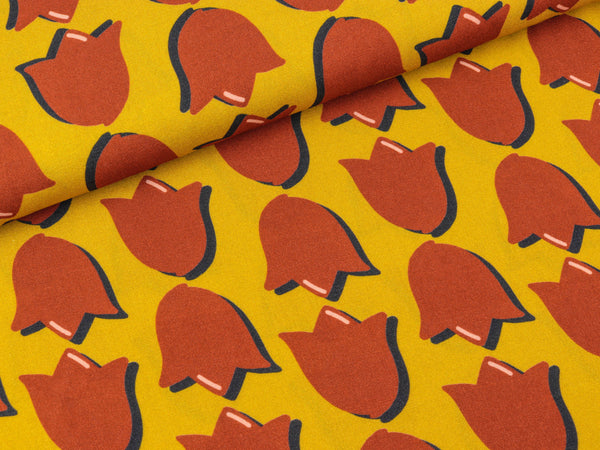 Viskosestoff Retro Tulips rost auf Senfgelb by Cherry Picking