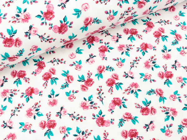 Baumwolljersey Roses red auf Weiß