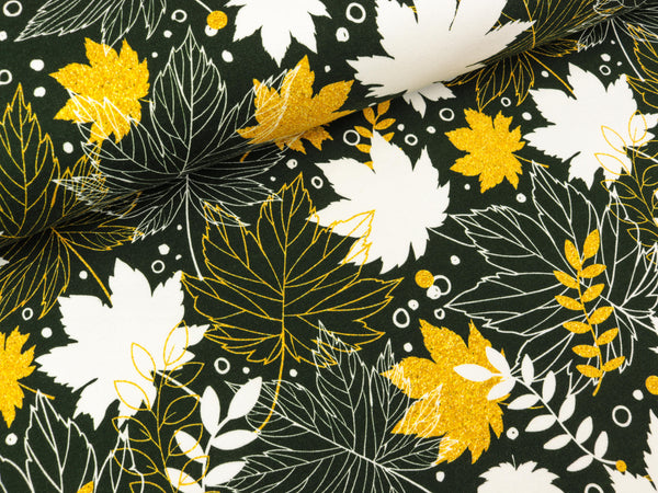 Baumwollsweat Toronto Ahornblätter bunt auf Dunkelgrün