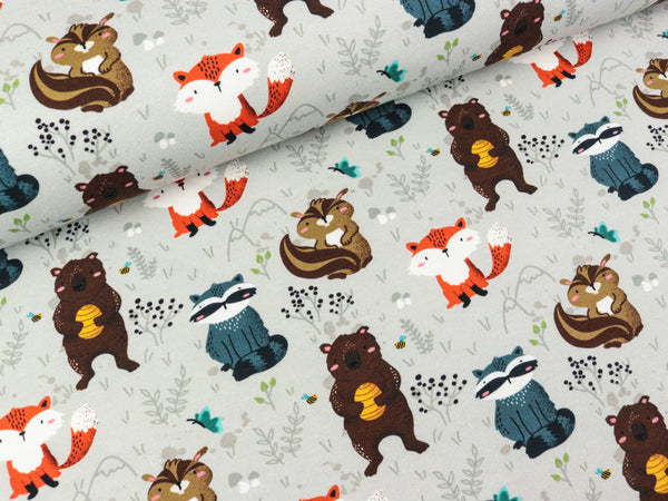 Baumwollsweat Waldtiere auf Hellgrau by Christiane Zielinski