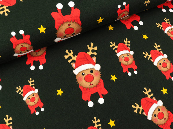 Baumwollsweat Toronto Kleine Rentiere auf Tannengrün