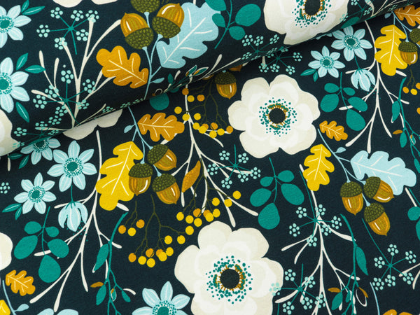 Baumwollsweat Toronto Herbstspaziergang bunt auf dunklem Petrol