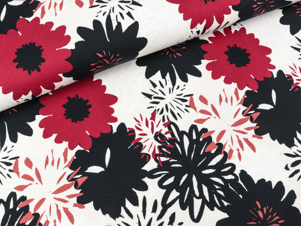Baumwolljersey Johanna Blüten burgundy-schwarz auf Weiß