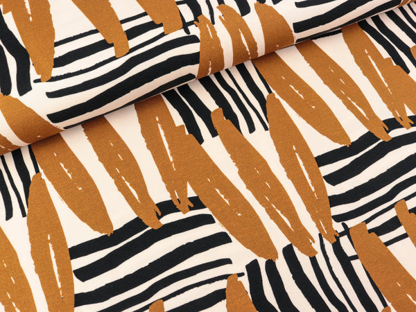 Baumwolljersey Johanna Grafisches Muster ocker-schwarz auf Creme