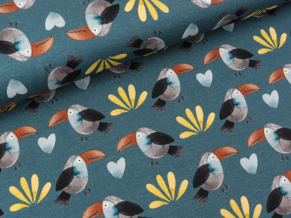 Baumwolljersey Savana Friends Vögel auf Jeansblau