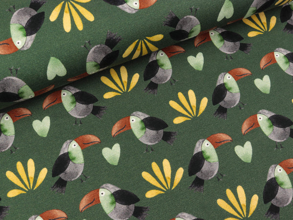 Baumwolljersey Savana Friends Vögel auf Dunkelgrün