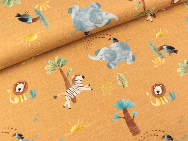 Baumwolljersey Savana Friends auf Orangeocker