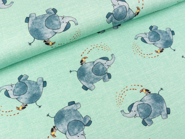 Baumwolljersey Savana Friends Elefanten und Vögel auf Mint
