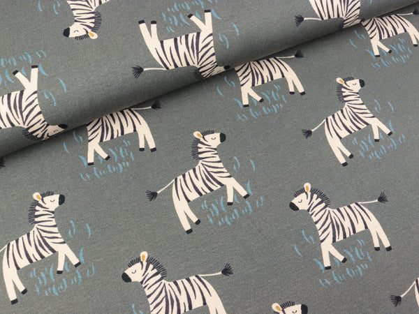 Baumwolljersey Savana Friends Zebras creme auf Grau