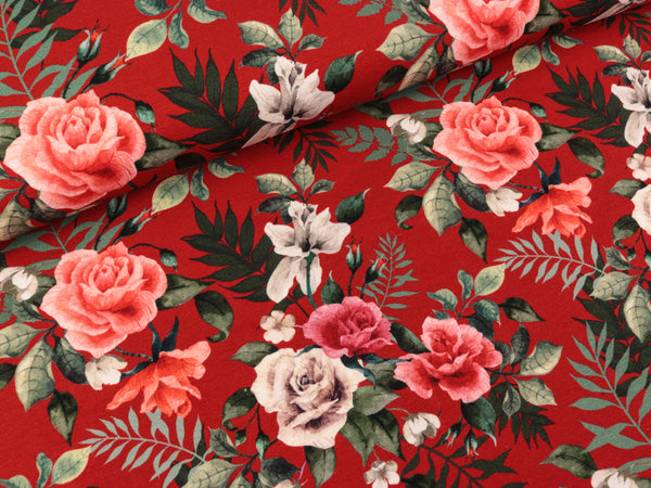 Baumwolljersey Henry Rosensträuße auf Burgundy