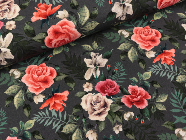 Baumwolljersey Henry Rosensträuße auf Dunkelgrau