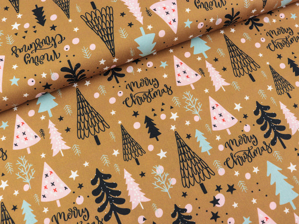 Baumwoll Webware Noel Merry Christmas auf Ocker