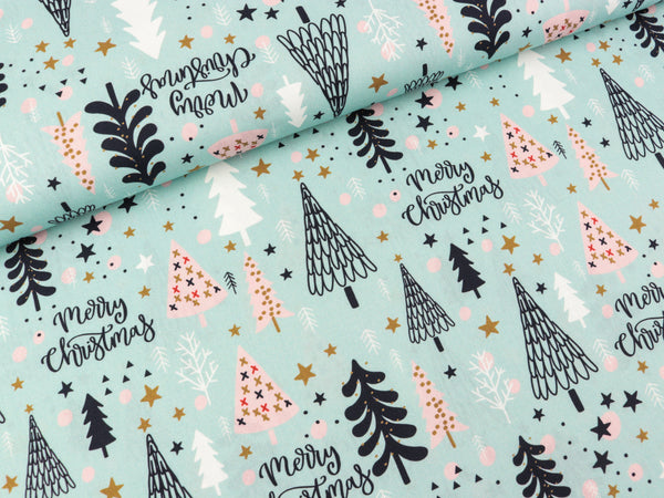 Baumwoll Webware Noel Merry Christmas auf Eisblau