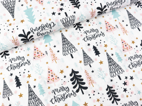 Baumwoll Webware Noel Merry Christmas auf Schneeweiß