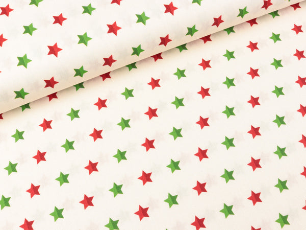 Baumwoll Webware Noel Sterne rot-grün auf Natur