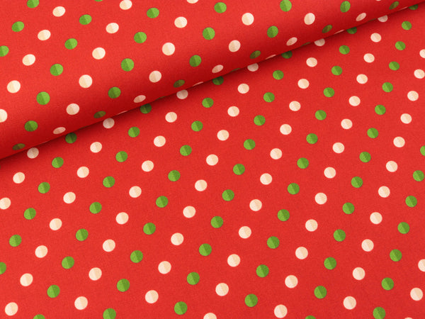 Baumwoll Webware Noel Punkte natur-grün auf Rot