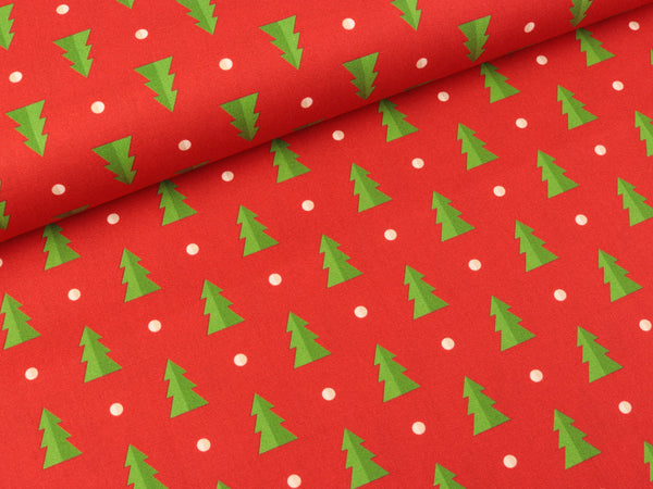 Baumwoll Webware Noel Tannenbäume und Punkte grün--natur-weiß auf Rot