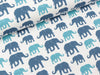 Baumwolljersey Theo Elefanten im Retrodesign wasserblau-jeansblau auf Ecru