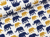 Baumwolljersey Theo Elefanten im Retrodesign dunkelblau-ocker auf Ecru