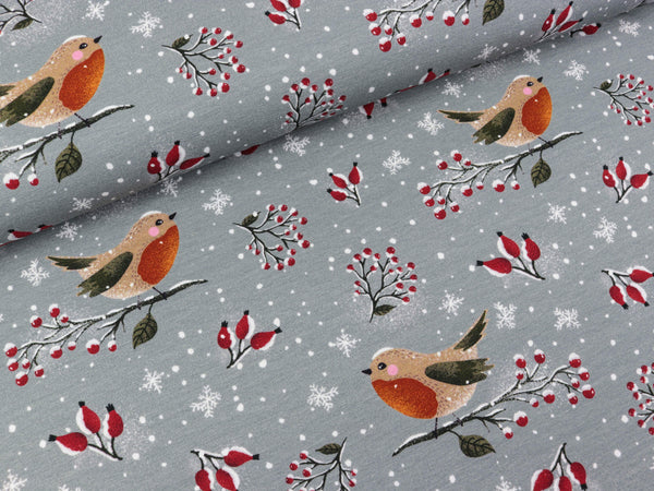 Baumwolljersey Lovely Robin grau by Christiane Zielinski