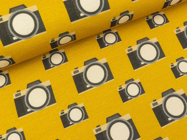 Baumwollsweat Retro Kameras auf Senfgelb
