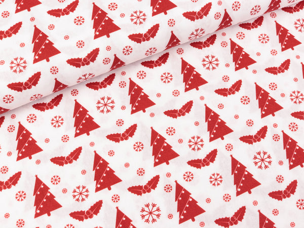 Baumwoll Webware Joel Winterwald rot auf Weiß