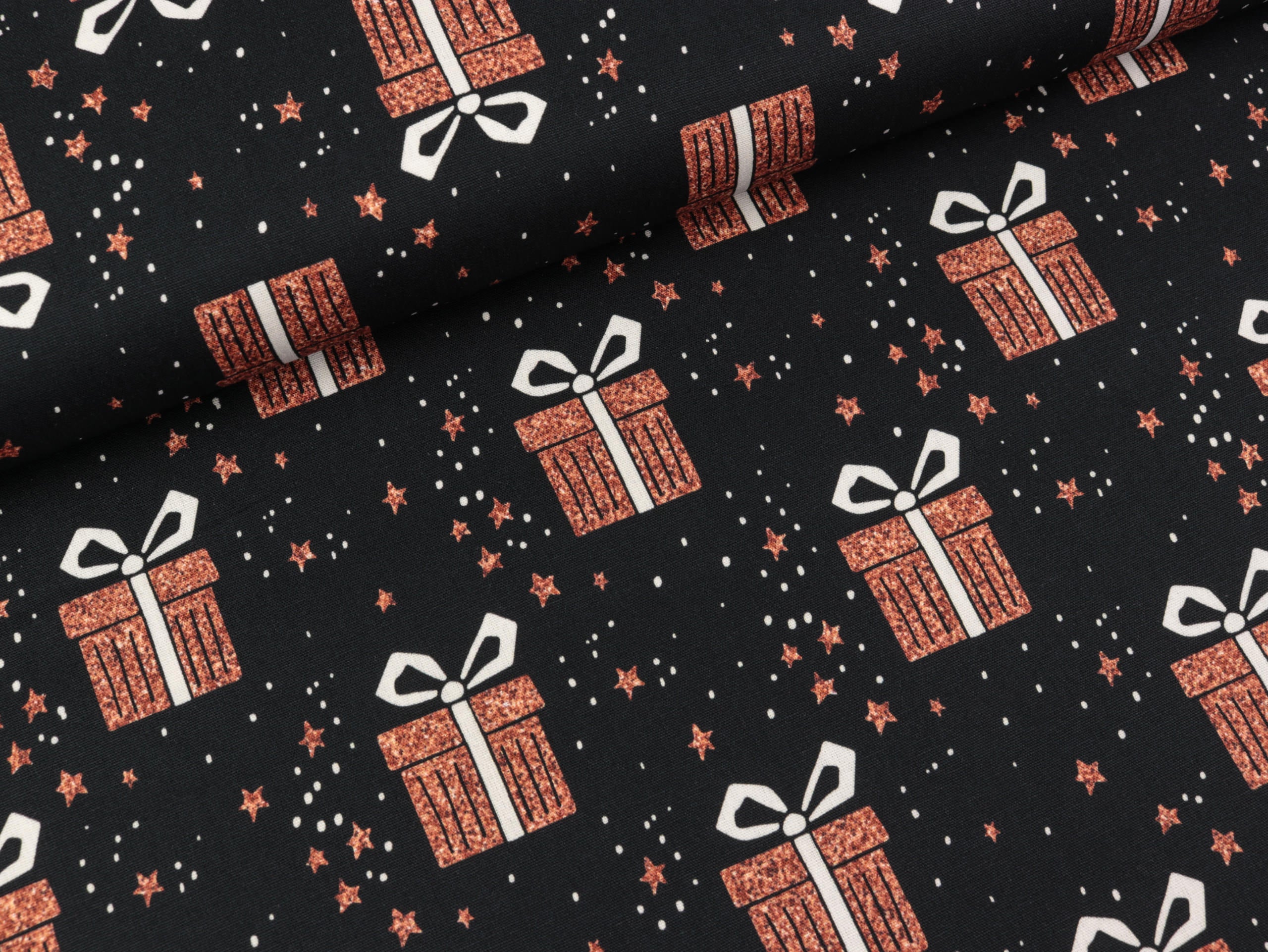 Baumwoll Webware Joel Geschenke kupferfarben auf Schwarz Das