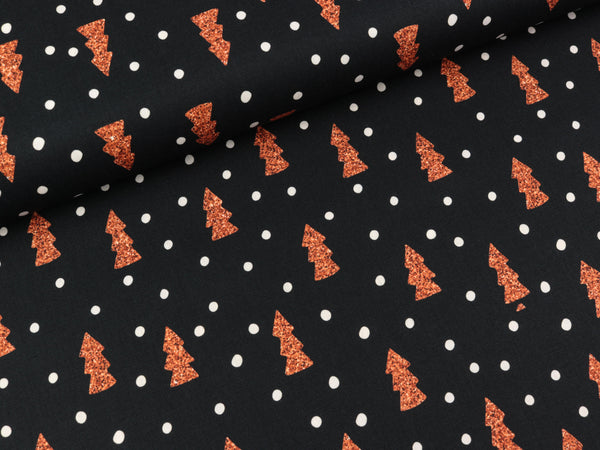 Baumwoll Webware Joel Tannenbäume kupferfarben auf Schwarz