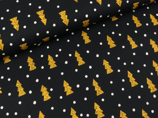Baumwoll Webware Joel Tannenbäume goldfarben auf Schwarz