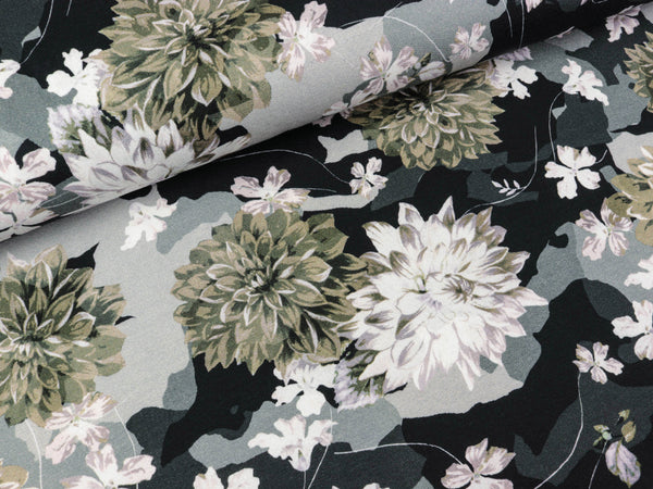 French Terry Nature Morte Große Blumen auf Schwarz