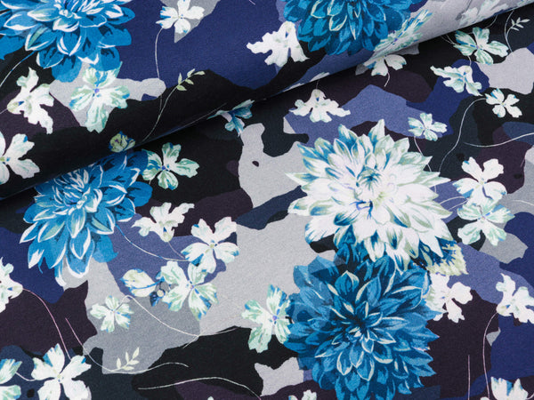 French Terry Nature Morte Große Blumen auf Dunkelblau