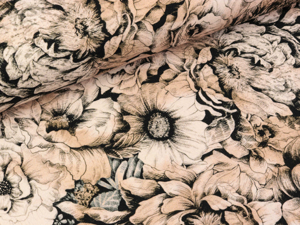 French Terry Nature Morte Blumen beige-creme auf Schwarz