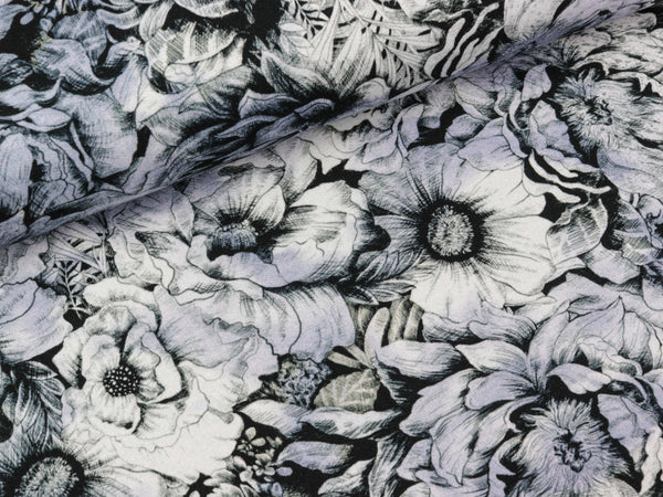 French Terry Nature Morte Blumen flieder-weiß auf Schwarz