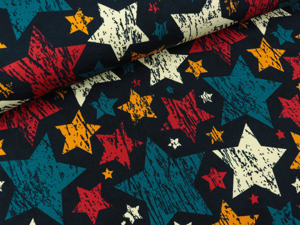 French Terry Petra Be a Star! Sterne bunt auf Nachtblau