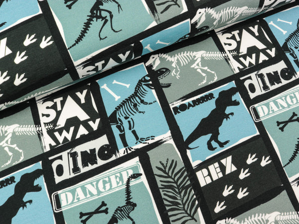 Baumwollsweat Basel Dinosaurierpatches hellblau-grau-schwarz