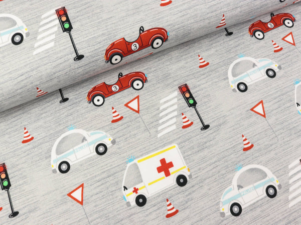 Baumwolljersey Little Rescue Patrol hellgrau meliert by Christiane Zielinski