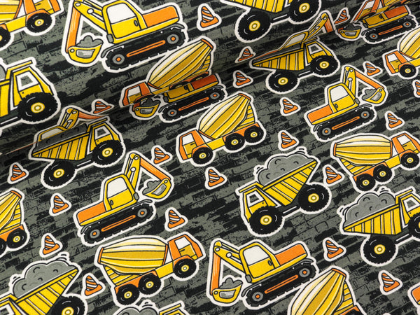 Baumwollsweat Basel Baustellenfahrzeuge auf Dunkelgrau