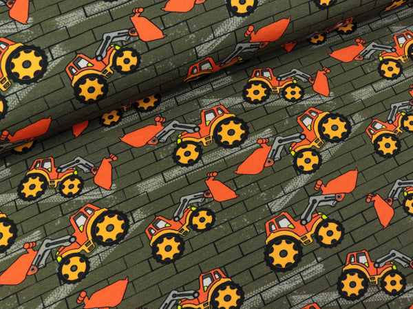 Baumwollsweat Basel Baustellenfahrzeuge auf Khaki