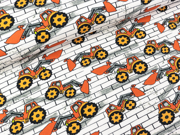 Baumwollsweat Basel Baustellenfahrzeuge auf Weiß