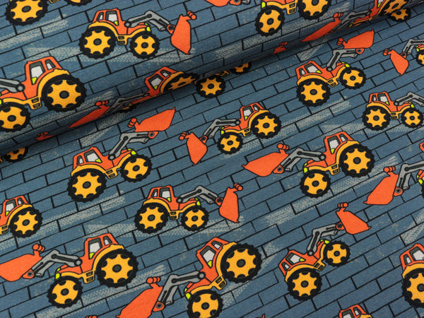 Baumwollsweat Basel Baustellenfahrzeuge auf Jeansblau