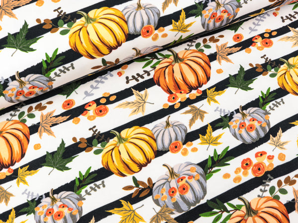 Baumwollsweat Basel Herbstzeit bunt auf schwarz-weiß gestreift