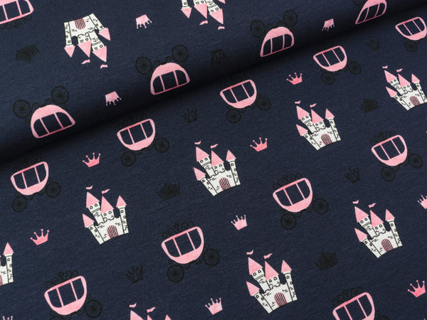 Baumwolljersey Jesse Kutsche und Prinzessinenschloss auf Nachtblau