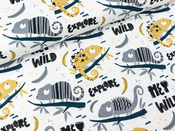 Baumwolljersey Jesse Chamäleons goldgelb-grau auf Weiß