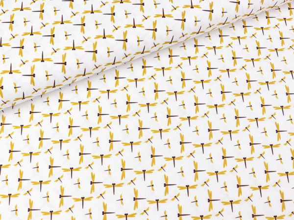 Baumwoll Webware Jule Kleine Libellen goldgelb auf Weiß