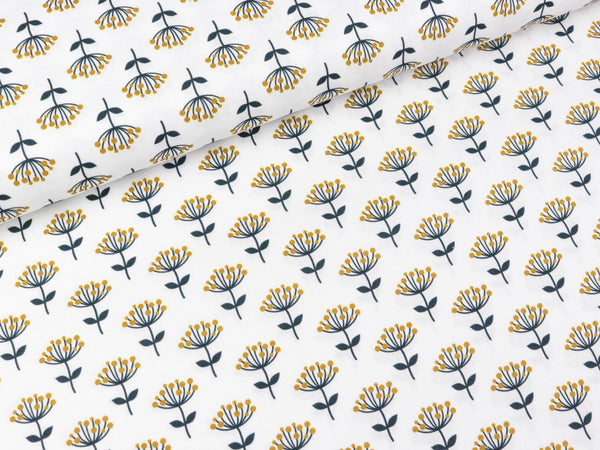 Baumwoll Webware Jule Beerenzweig goldgelb-nachtblau auf Weiß
