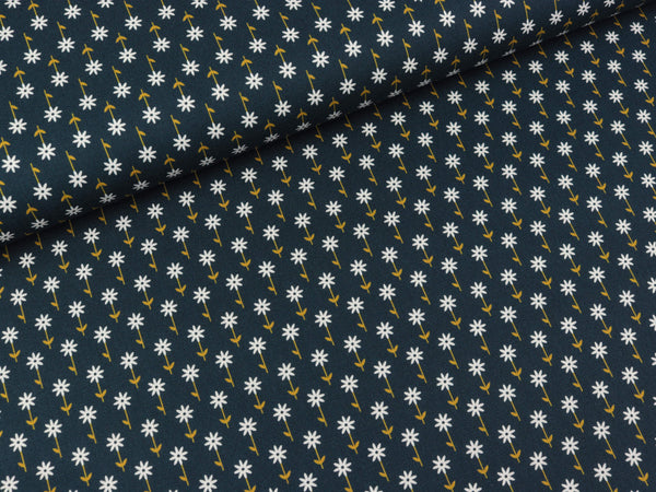 Baumwoll Webware Jule Blümchen weiß-goldgelb auf Nachtblau