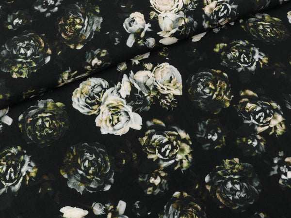 Viskose Webware Fleur Rosenmuster bunt auf Schwarz