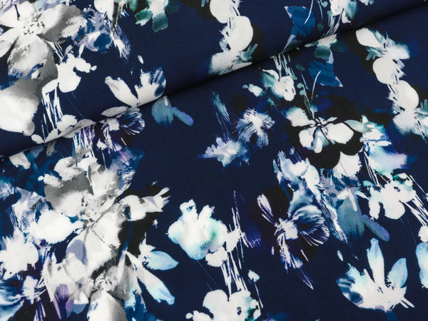Viskose Webware Fleur Lilien bunt auf Dunkelblau