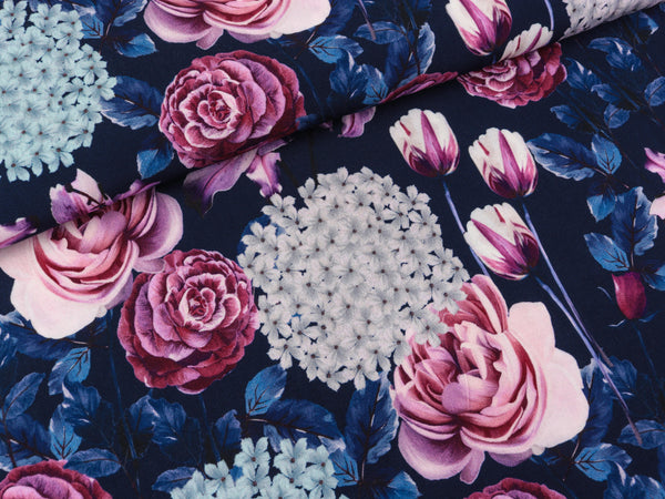 Viskose Webware Fleur Blumenzauber bunt auf Dunkelblau